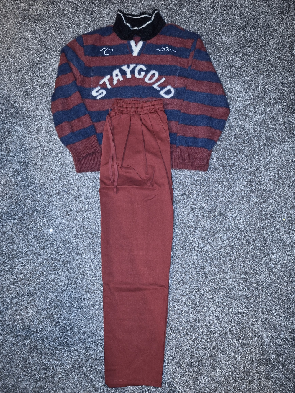 Burgundy & Navy Striped Knit Sweater Suit Set